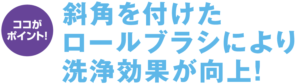 斜角を付けたロールブラシにより洗浄効果が向上!